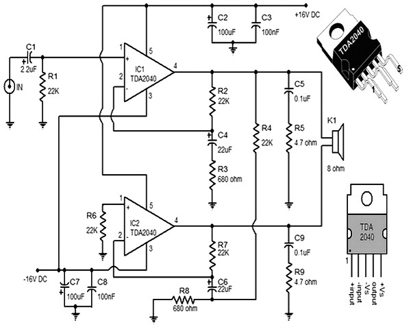 30w power amp tda2040 schematic circuit