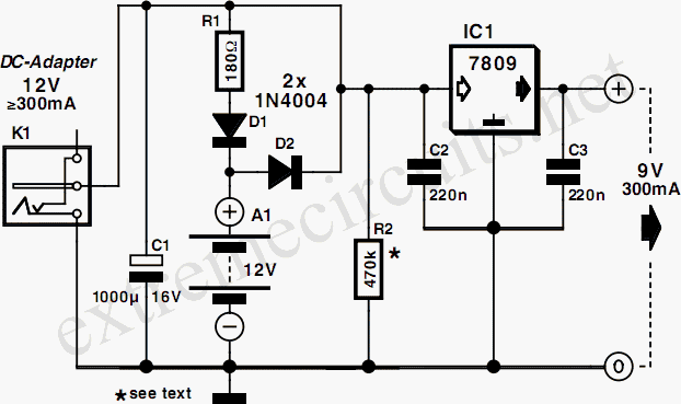 9V DC Adapter With Battery Backup circuit