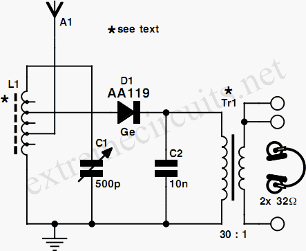 Diode Radio For Low Impedance Headphones – Circuit Schematic