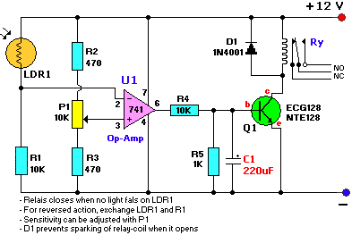 Light Dark Sensor With Relay Circuit Using LM741