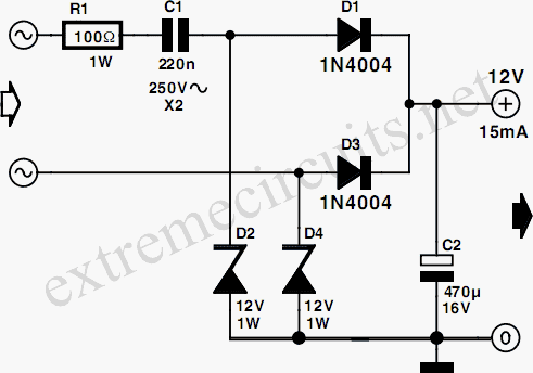 Low Power 12V Transformerless Power Supply circuit