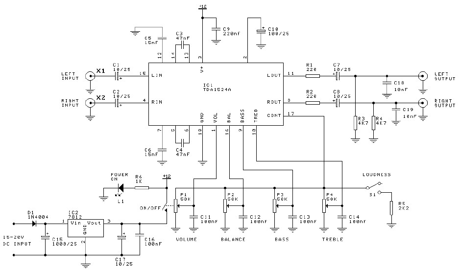 Preamplifier + tone control circuit based TDA1524A – Circuit Schematic