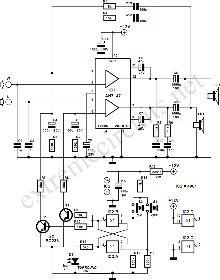 5.3W Amplifier With Surround System – Circuit Schematic