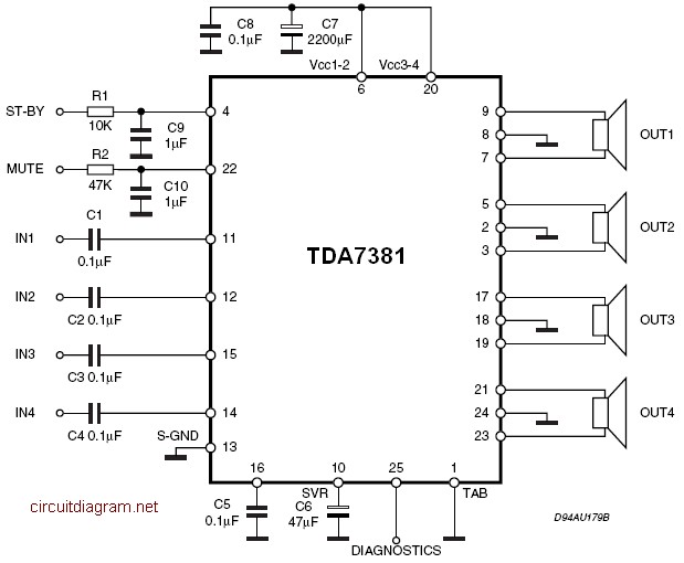 4 x 25 W Car Amplifier TDA7381 Circuit