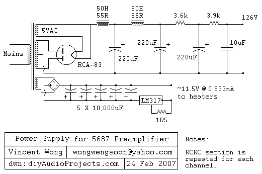 Tube Preamplifier 5687 Led Biased circuit
