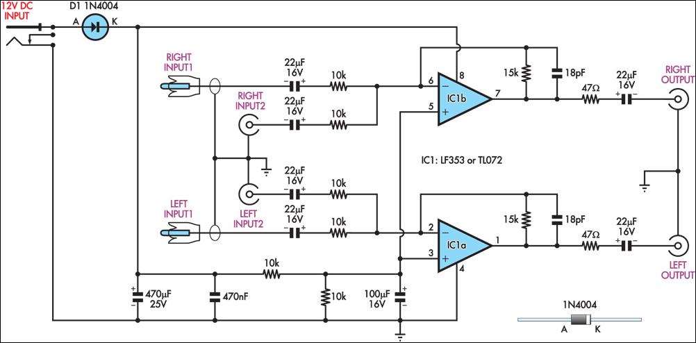 Dual Input-Combining Stereo Line Amplifier circuit