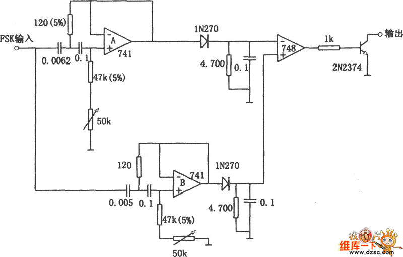 The frequency shift demodulator circuit composed of active filter circuit