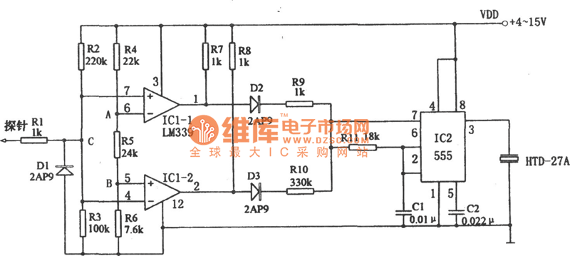 Circuit Diagram of Audio Logic Level Probe Composed of 555 circuit