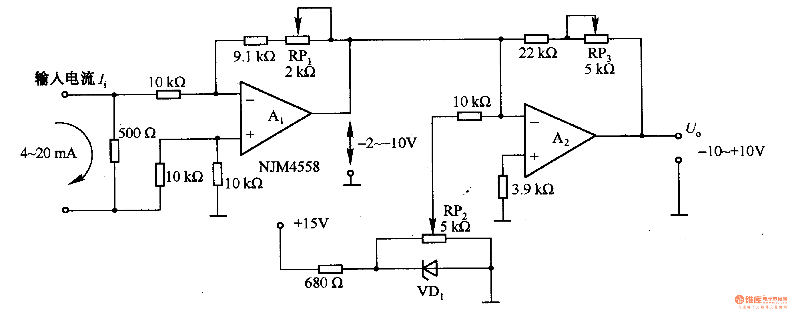 voltage conversion circuit composed of NJM4558 circuit