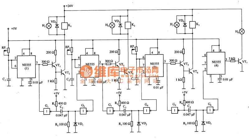 Sequence timer diagram composed by NE555 circuit