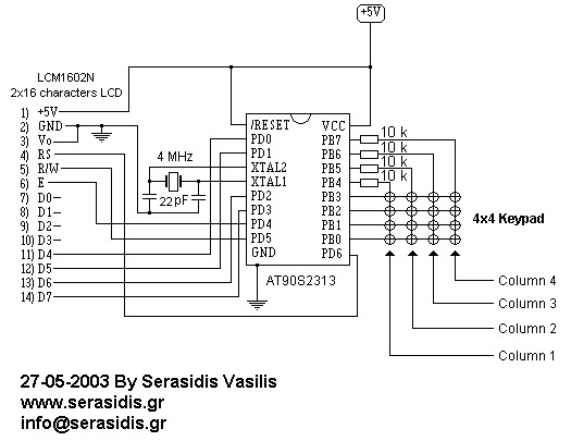 2x16 LCD and 4x4 keypad example circuit