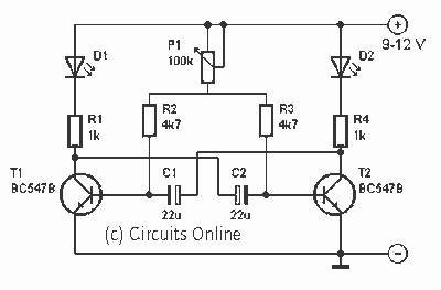 Astable multivibrator with two LED circuit