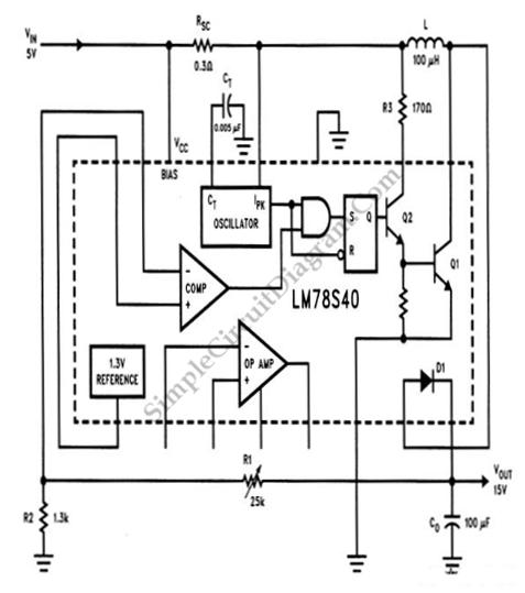 LM78S40 5V to 15V Step-up Voltage Regulator circuit