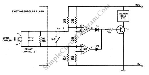 Burglar Alarm Works for Both NO and NC Contacts circuit