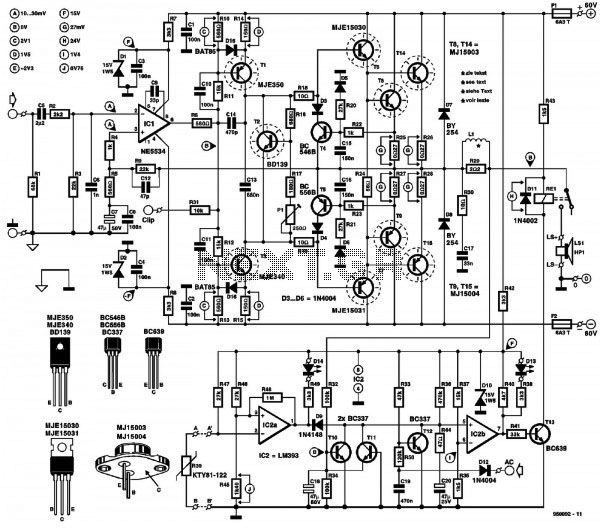 300w Amplifier Diagram With MJ15003 and MJ15004 circuit