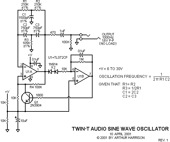 Twin-T Audio Sine Wave Oscillator circuit