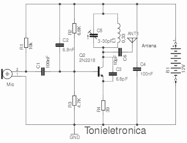 Circuit of power fm transmitter transistor 2n2218 audio wireless 1KM circuit