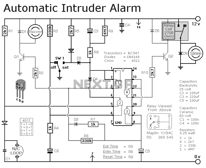 Automatic intruder alarm circuit – Circuit Schematic