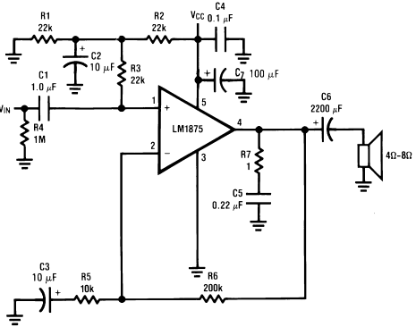 Circuit of power audio amplifier lm1875 20W circuit