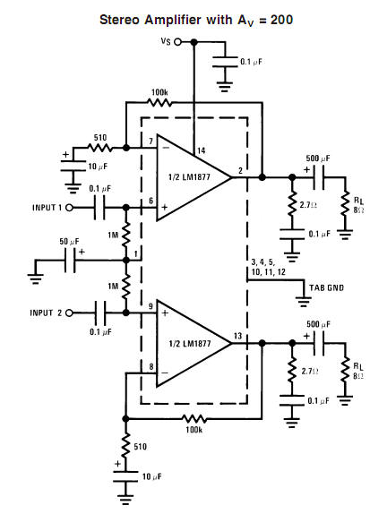 Stereo amplifier circuit with LM1877 circuit