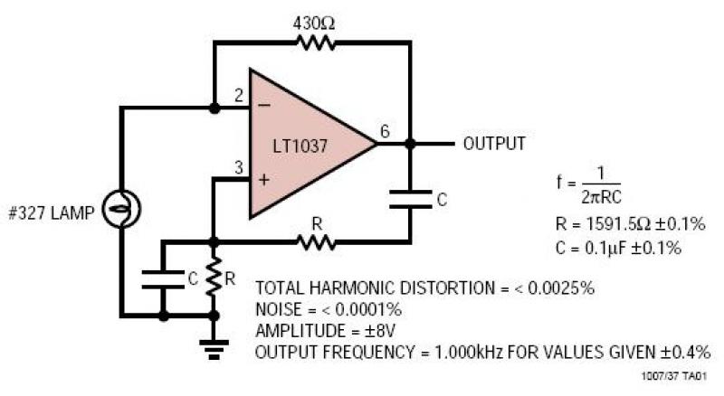 LT1007/LT1037 Ultrapure 1kHz Sine Wave Generator – Circuit Schematic