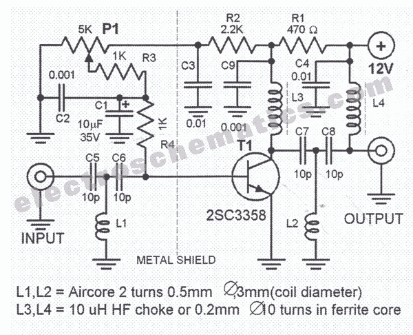 Wideband DTV UHF Antenna TV Amplifier Circuit using transistor 2sc3358 circuit