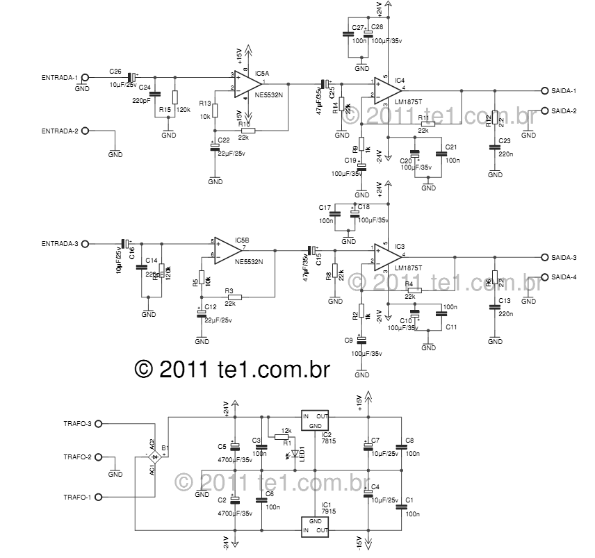 Circuit power audio amplifier stereo with LM1875 and preamp for NE5532 2 x 20 Watts circuit