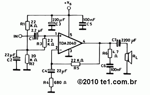 Circuit power audio amplifier TDA2040 20 watts integrate circuit with pcb and power supply circuit