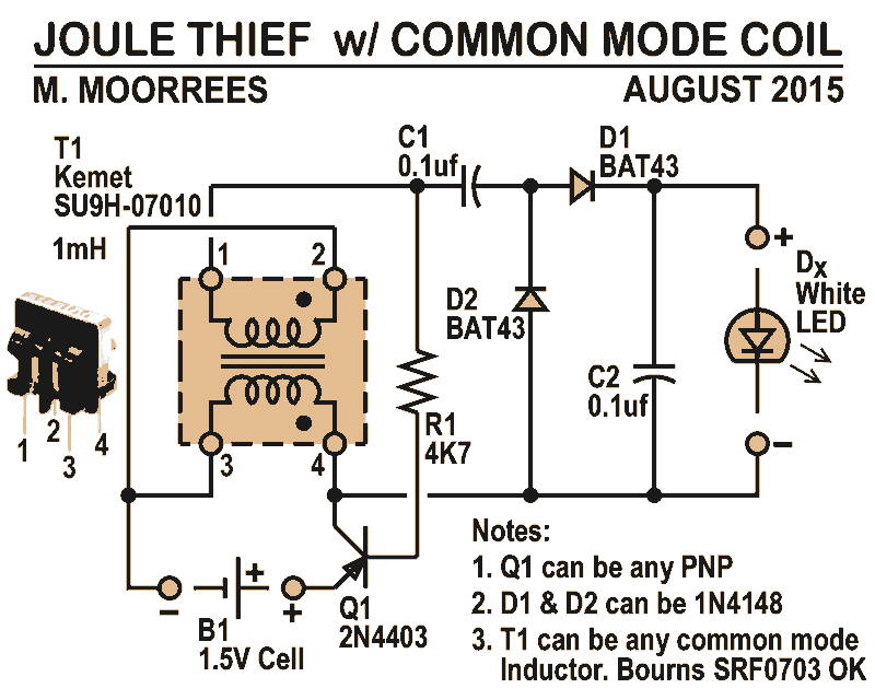 joule thief circuit boosts voltage from 15V battery circuit
