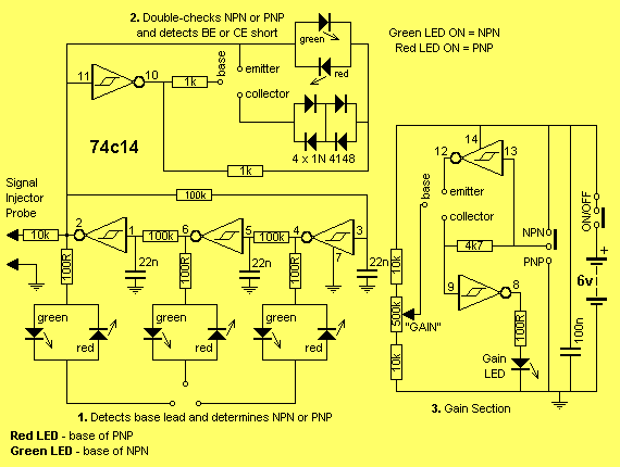 TRANSISTOR TESTER amp SIGNAL INJECTOR circuit