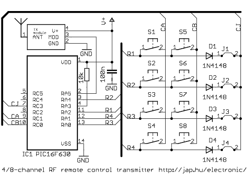 Infraradio remote control transmitterreceiver with PIC circuit